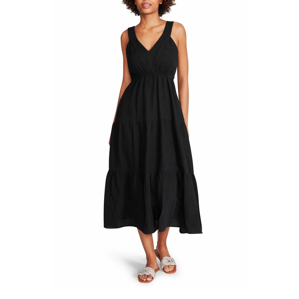 Steve Madden Taryn Dress Black Cotton Gauze‎ Tiered Midi Sleeveless BN28700N XS